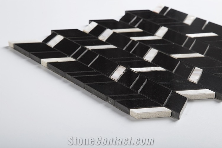 Black and White Nero Marquina Mix Shell Chevron Mosaic Tile