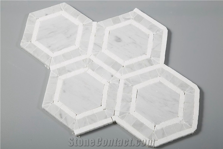 Carrara White and Greece Thassos White Marble Hexagon Floor Mosaic Tiles