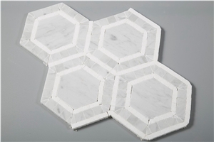 Carrara White and Greece Thassos White Marble Hexagon Floor Mosaic Tiles