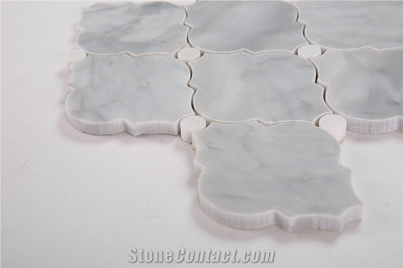 Gray Marble Arabesque Wall Tiles Mosaic with White Dots, Carrara Gray Marble with Thassos White Dot Mosaic Tile, Bardiglio Grey with Thassos White