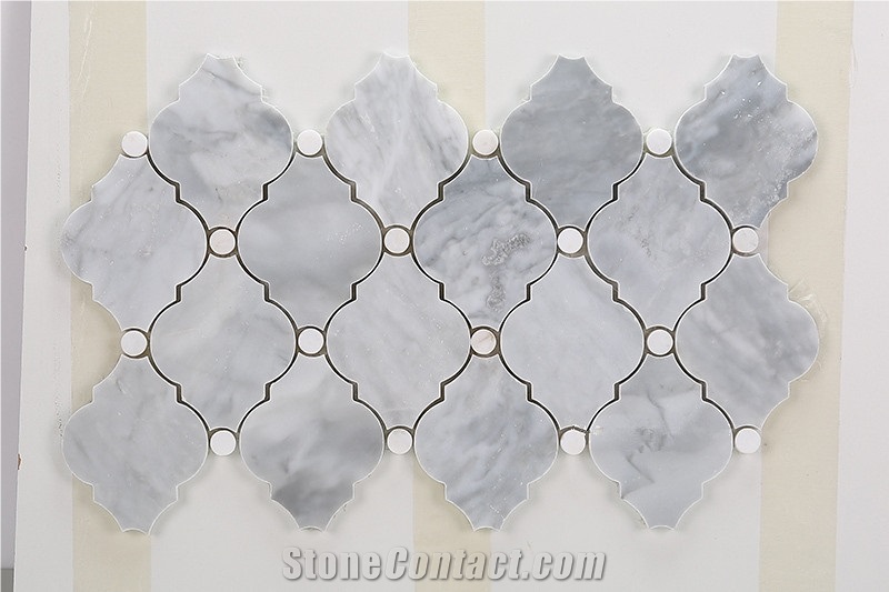Gray Marble Arabesque Wall Tiles Mosaic with White Dots, Carrara Gray Marble with Thassos White Dot Mosaic Tile, Bardiglio Grey with Thassos White
