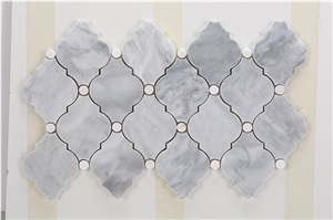 Gray Marble Arabesque Wall Tiles Mosaic with White Dots, Carrara Gray Marble with Thassos White Dot Mosaic Tile, Bardiglio Grey with Thassos White