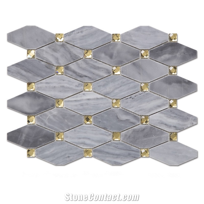 Gray Marble Long Octagon Mosaic Tiles with Glass Diamond Dots , Bardiglio Carrara Long Octagon with Glass Mosaic
