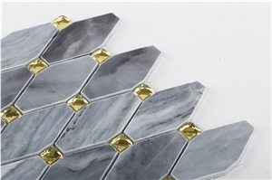 Gray Marble Long Octagon Mosaic Tiles with Glass Diamond Dots , Bardiglio Carrara Long Octagon with Glass Mosaic