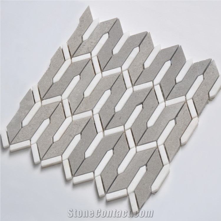 Irregular Cinderella and Crystal White Kitchen Backsplash Marble Mosaic Tiles, Grey Marble and Thassos White Marble Water Jet Mosaic