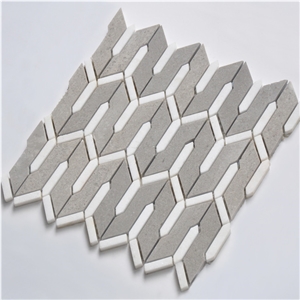 Irregular Cinderella and Crystal White Kitchen Backsplash Marble Mosaic Tiles, Grey Marble and Thassos White Marble Water Jet Mosaic
