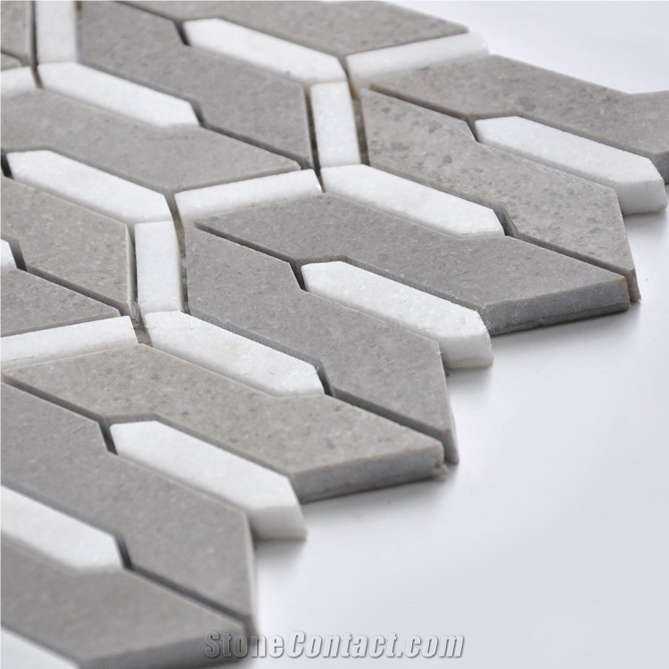 Irregular Cinderella and Crystal White Kitchen Backsplash Marble Mosaic Tiles, Grey Marble and Thassos White Marble Water Jet Mosaic