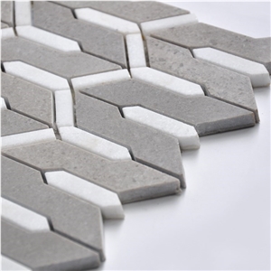 Irregular Cinderella and Crystal White Kitchen Backsplash Marble Mosaic Tiles, Grey Marble and Thassos White Marble Water Jet Mosaic