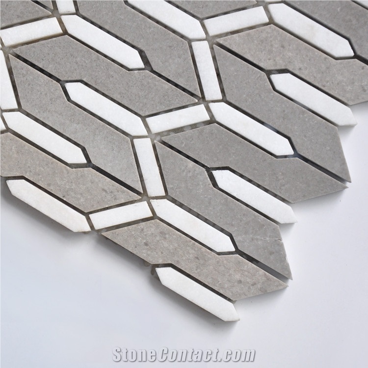 Irregular Cinderella and Crystal White Kitchen Backsplash Marble Mosaic Tiles, Grey Marble and Thassos White Marble Water Jet Mosaic