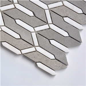 Irregular Cinderella and Crystal White Kitchen Backsplash Marble Mosaic Tiles, Grey Marble and Thassos White Marble Water Jet Mosaic