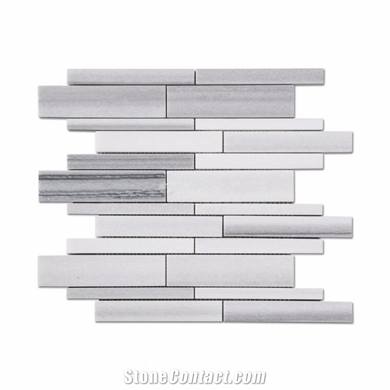 Marmara Equator White Marble + Mink Classic Marble Strip Mosaic Bathroom Tile