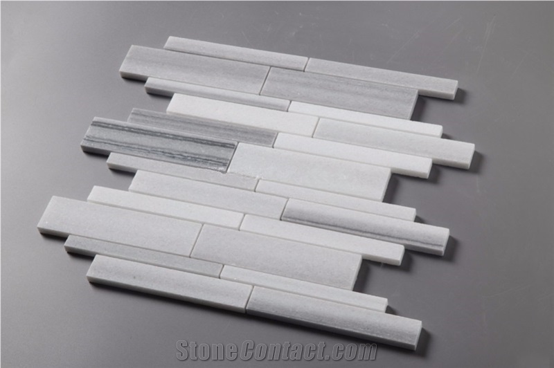 Marmara Equator White Marble + Mink Classic Marble Strip Mosaic Bathroom Tile