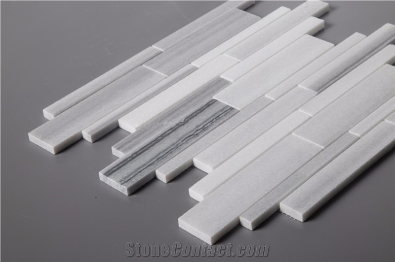 Marmara Equator White Marble + Mink Classic Marble Strip Mosaic Bathroom Tile