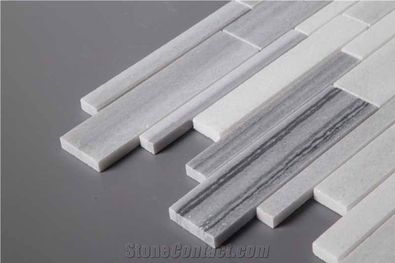 Marmara Equator White Marble + Mink Classic Marble Strip Mosaic Bathroom Tile
