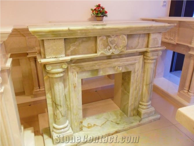 Beige Onyx Fireplace Mantel, Western Style Handcarved Sculptured Modern Fireplace Mantel, Stone Fireplace Hearth Gofar