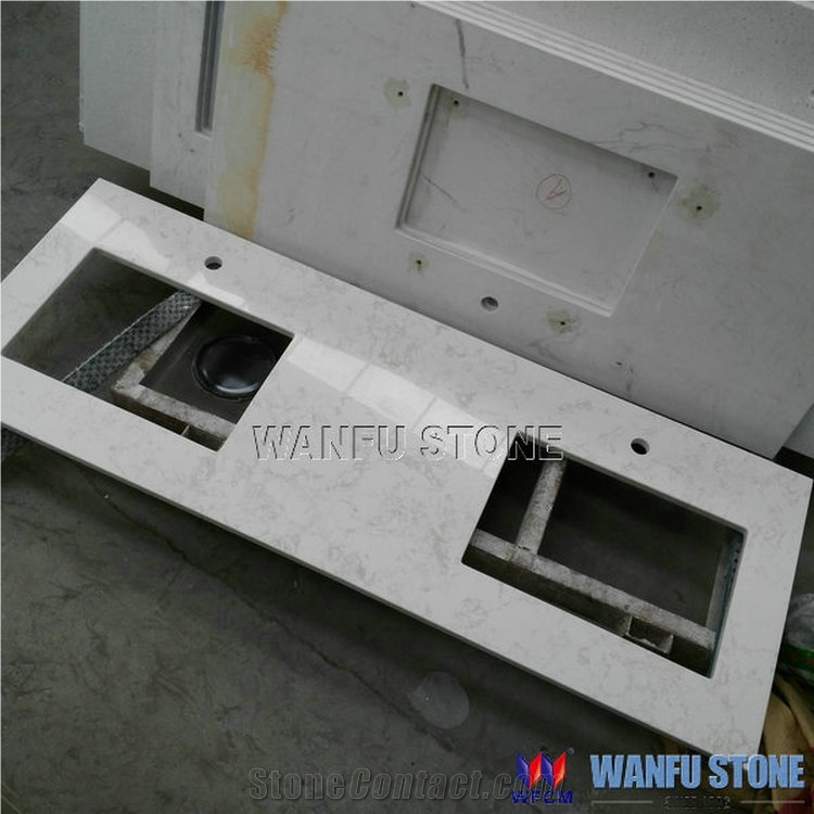 Double Rectangular Bowl Carrara White Marble Bathroom Vanity Top