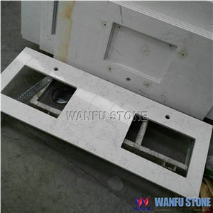 Double Rectangular Bowl Carrara White Marble Bathroom Vanity Top