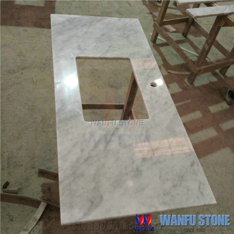 Double Rectangular Bowl Carrara White Marble Bathroom Vanity Top