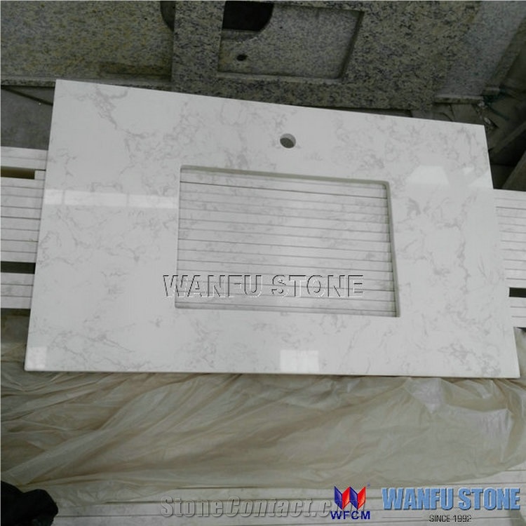Double Rectangular Bowl Carrara White Marble Bathroom Vanity Top