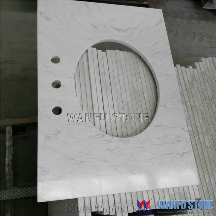 Double Rectangular Bowl Carrara White Marble Bathroom Vanity Top
