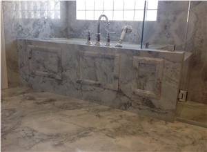 Super White Quartzite Slabs and Glass Mosaic Tiles Bath Design