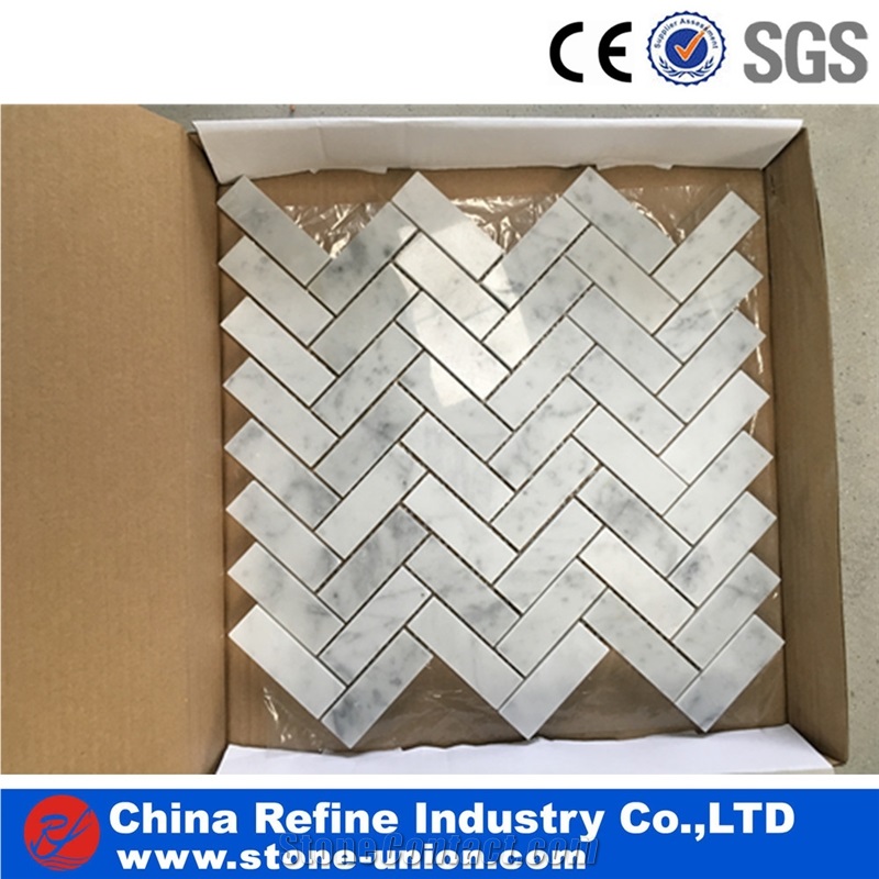 Bianco Carrara C White Marble Mosaic, Thassos White Mosaic, Polished Surface, Garden & Balcony Marble and Glass Mosaic Tile, Kitchen Mosaic
