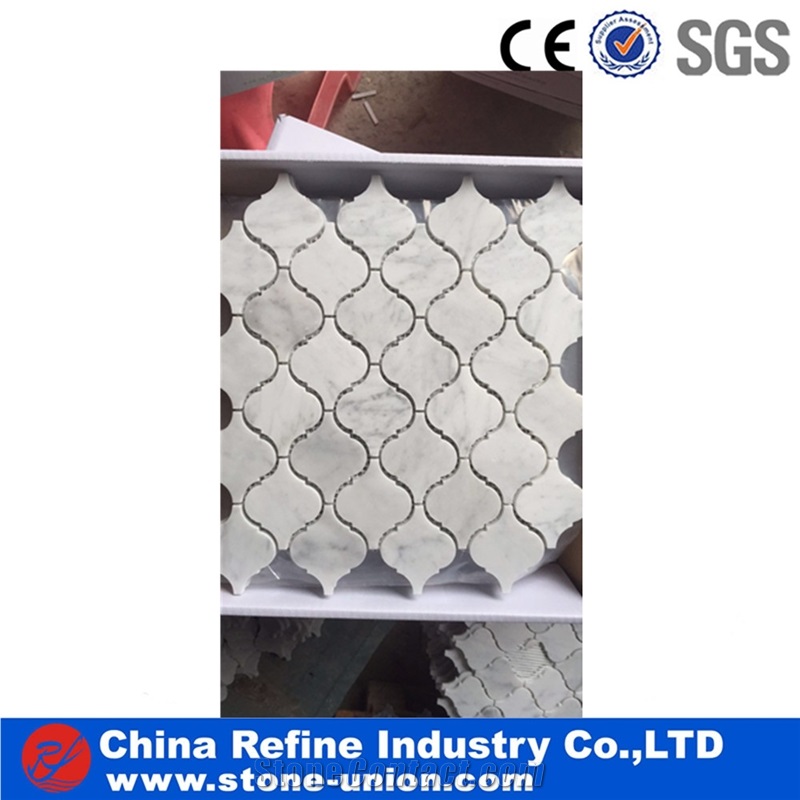 Bianco Carrara C White Marble Mosaic, Thassos White Mosaic, Polished Surface, Garden & Balcony Marble and Glass Mosaic Tile, Kitchen Mosaic