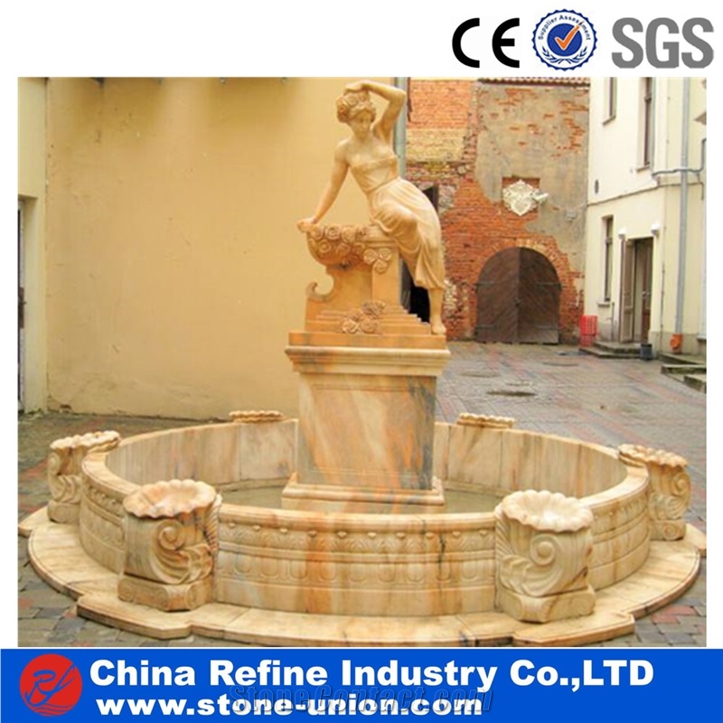 Dark Yellow Sandstone Fountain,Water Fountain, Carving Fountain for Indoor & Outdoor Decoration,Beautiful Garden Fountain