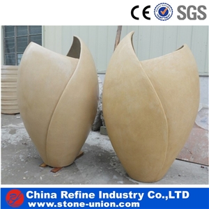 Granite Outdoor Planter Flower Pots,Biege Marble Carving Flower Pot Vase Stand Planter, Hand Carving Statues Planters Stands