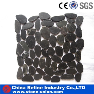 Natural Stone Mosaic for Bathroom,Black Pebble Mosaic Tile on Mesh,Double Surface Cut Pebble Mosaic,Pebble Mosaic for Bathroom&Kitchen