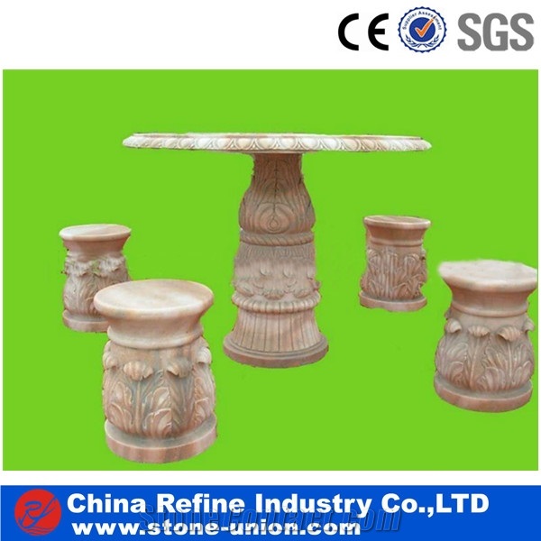 Pink Marble Garden Bench & Table,Marble Table Sets,Natural Stone Table Benches Garden Patio Table Sets, Cheap Modern Park Benches