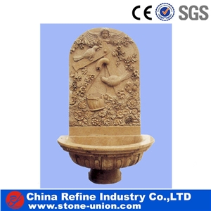 Sandstone Exterior Sculptured Fountains for Garden,Water Fountain with Sculptures,Beige Marble Carved Wall Mounted Fountains