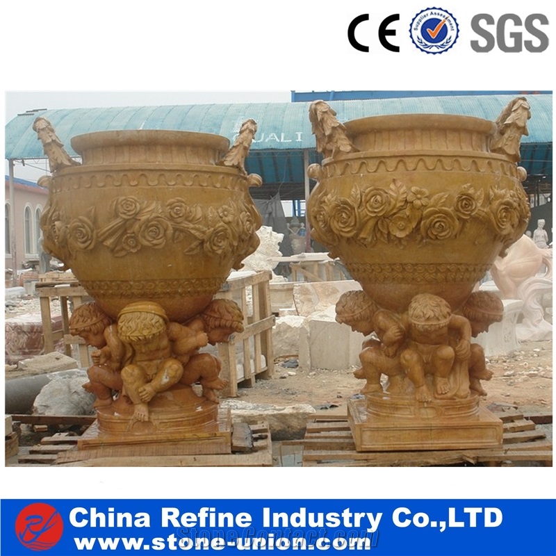 Street Round Marble Planters,Yellow Flower Pot Sandstone Natural Handmade Sandstone Carving,Marble Round Garden Flower Pot,Natural Stone Flower Pot