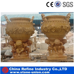 Street Round Marble Planters,Yellow Flower Pot Sandstone Natural Handmade Sandstone Carving,Marble Round Garden Flower Pot,Natural Stone Flower Pot