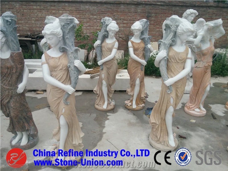 Sunset Red Marble Figure Statues, Handcarved Sculptures, Woman Sculpture,Figure Statue,Yellow Marble Garden Sculpture