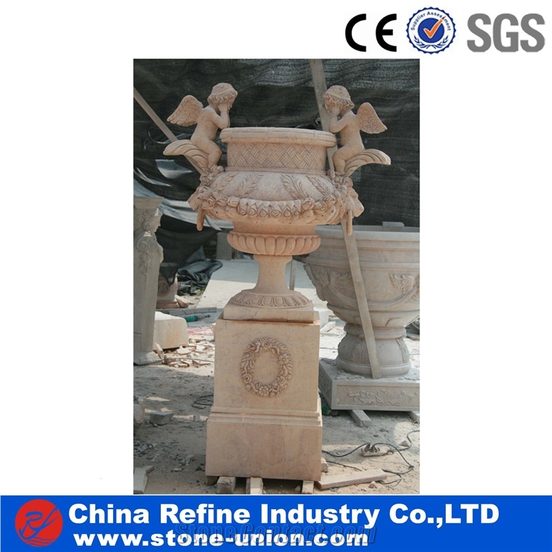 White Stone Round Garden Pots & Planters, Stone Planters & Flower Pot,Marble Pedestal Planter with Carved,Beige Limestone Flower Pot