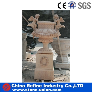 White Stone Round Garden Pots & Planters, Stone Planters & Flower Pot,Marble Pedestal Planter with Carved,Beige Limestone Flower Pot