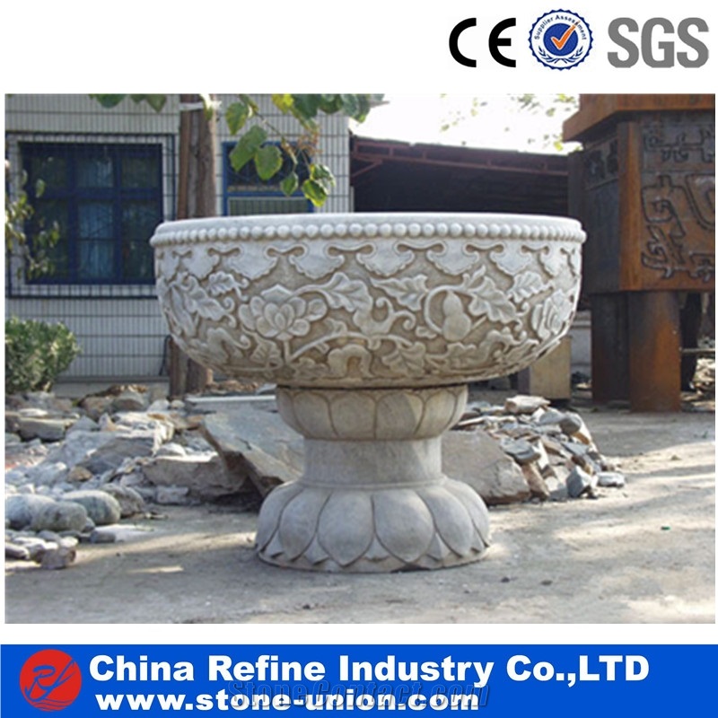 White Stone Round Garden Pots & Planters, Stone Planters & Flower Pot,Marble Pedestal Planter with Carved,Beige Limestone Flower Pot