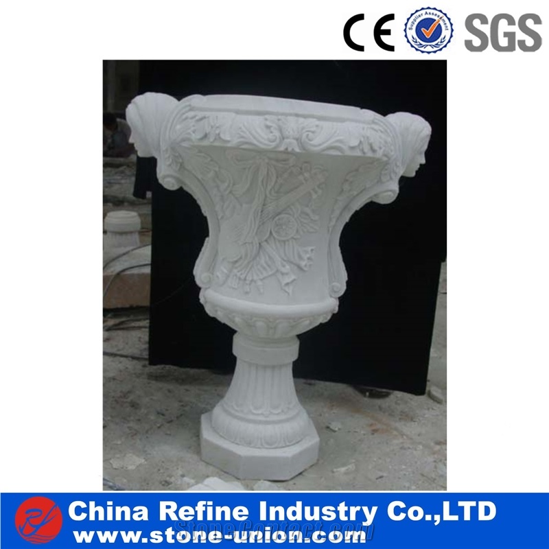 White Stone Round Garden Pots & Planters, Stone Planters & Flower Pot,Marble Pedestal Planter with Carved,Beige Limestone Flower Pot