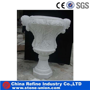 White Stone Round Garden Pots & Planters, Stone Planters & Flower Pot,Marble Pedestal Planter with Carved,Beige Limestone Flower Pot