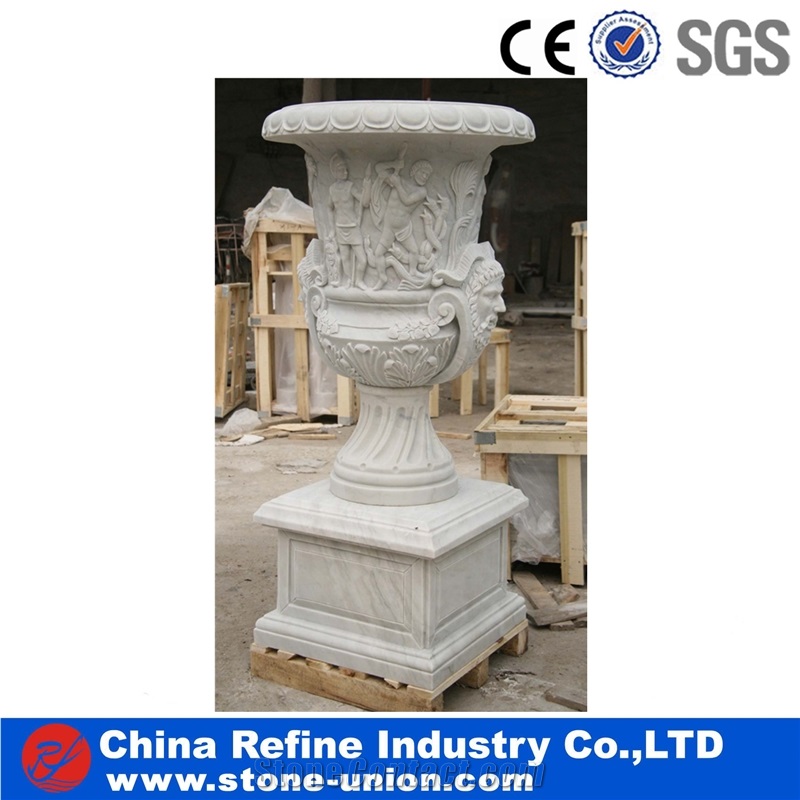 White Stone Round Garden Pots & Planters, Stone Planters & Flower Pot,Marble Pedestal Planter with Carved,Beige Limestone Flower Pot