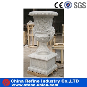 White Stone Round Garden Pots & Planters, Stone Planters & Flower Pot,Marble Pedestal Planter with Carved,Beige Limestone Flower Pot