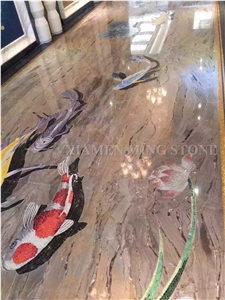 3d Surface Waterjet Grey Marble Round Medallions Pattern Floor Paving Interior Stone,Hotel Carpet Medallions Ocean Style