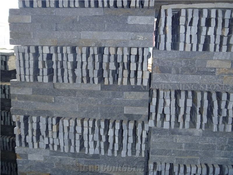 China Absolute Nero Black Slate Culture Stone Stacked Stone Veneer,Split Face Thin Stone Veener Exposed Garden Waterfall