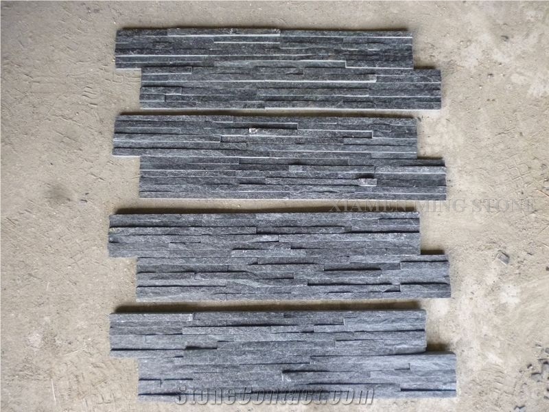 China Absolute Nero Black Slate Culture Stone Stacked Stone Veneer,Split Face Thin Stone Veener Exposed Garden Waterfall