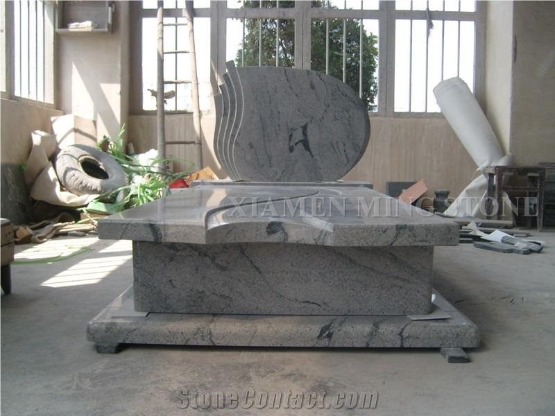 Customized Design Viscont White Granite Polish Single Tombstone/White Juparana Grey Wave Vein Viskont Monuments Gravestone Western
