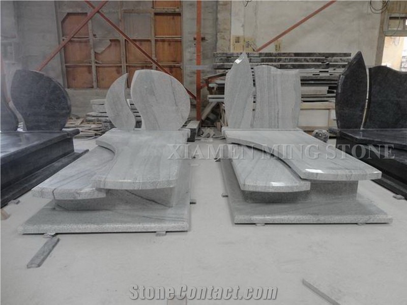 Double Tombstone Viscont White Granite Tombstone,White Juparana Grey Wave Vein Viskont Upright Monuments Gravestone Western