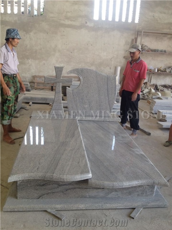 Project Show Viscont White Polished Granite Polish Style Cross Tombstone/ Juparana Grey Vein Viskont Monuments Gravestone