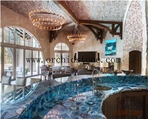 Blue Agate Translucent Semi Precious Stone Bar Tops,Work Tops,Kitchen Countertops,Semi Precious Stone Blue Gemstone Backlit Bar Tops