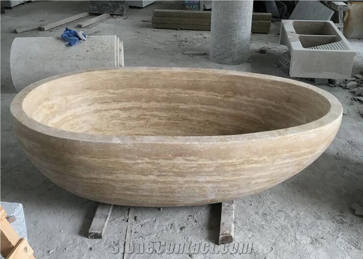 Blue Limestone Freestanding Bathtub, Custom Design Oval Bathtub
